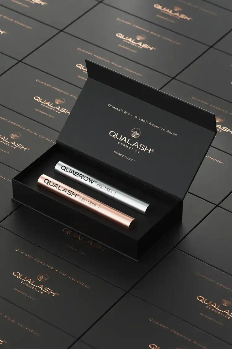 Qualash Brow & Eyelash Essence Ritual Collection featuring brow and lash serums in premium packaging