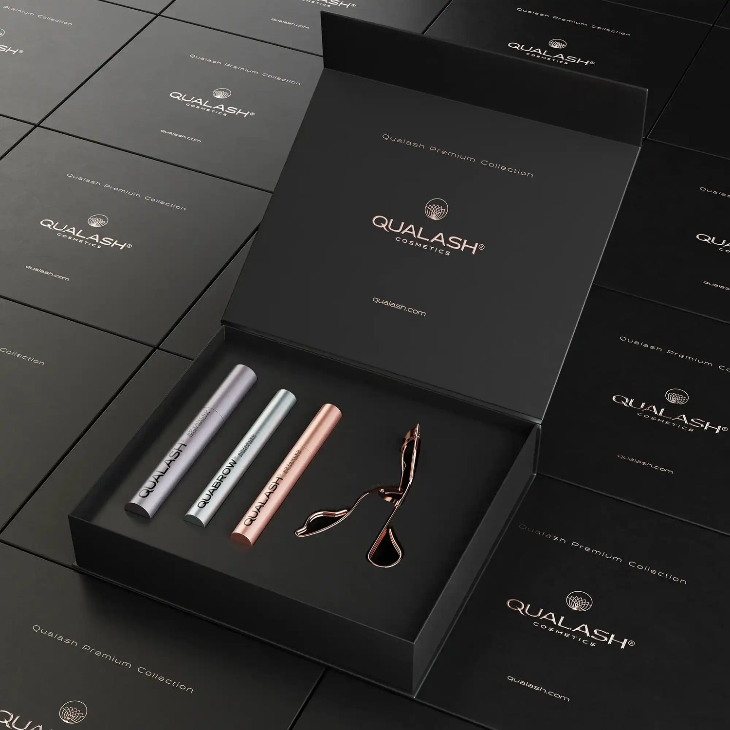 Qualash Premium Collection Set with eyelash serum, brow serum, peptide mascara and rose gold curler in luxury box