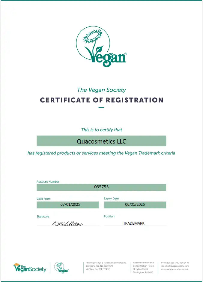 A certificate of registration from The Vegan Society for Quacosmetics LLC, validating its products meet Vegan Trademark criteria.
