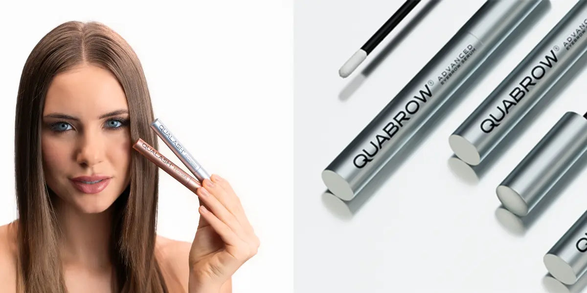 QUABROW Advanced Eyebrow Serum – multiple silver tubes with one open showing applicator