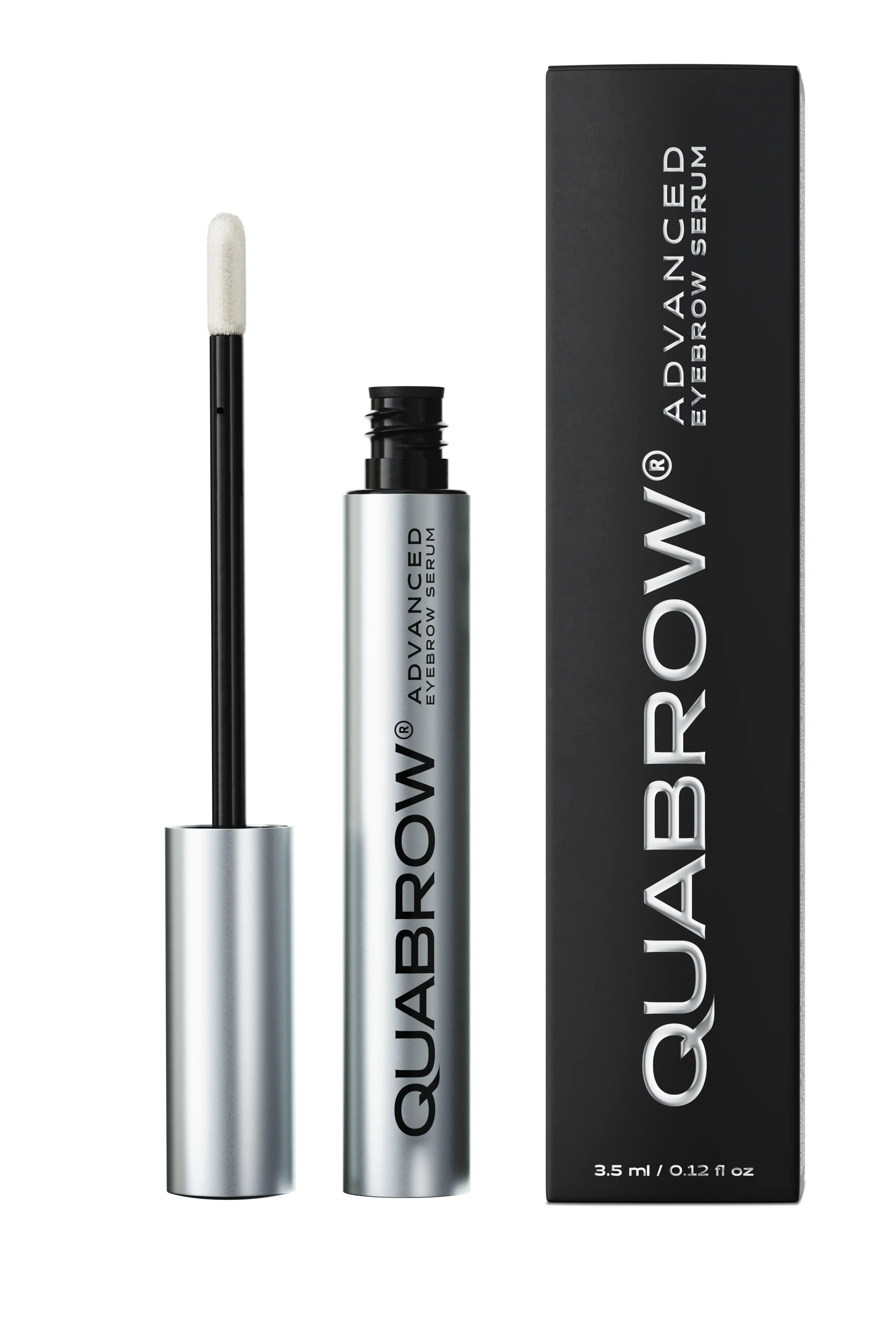 Open QUABROW Advanced Eyebrow Serum next to its packaging, showcasing the product in detail