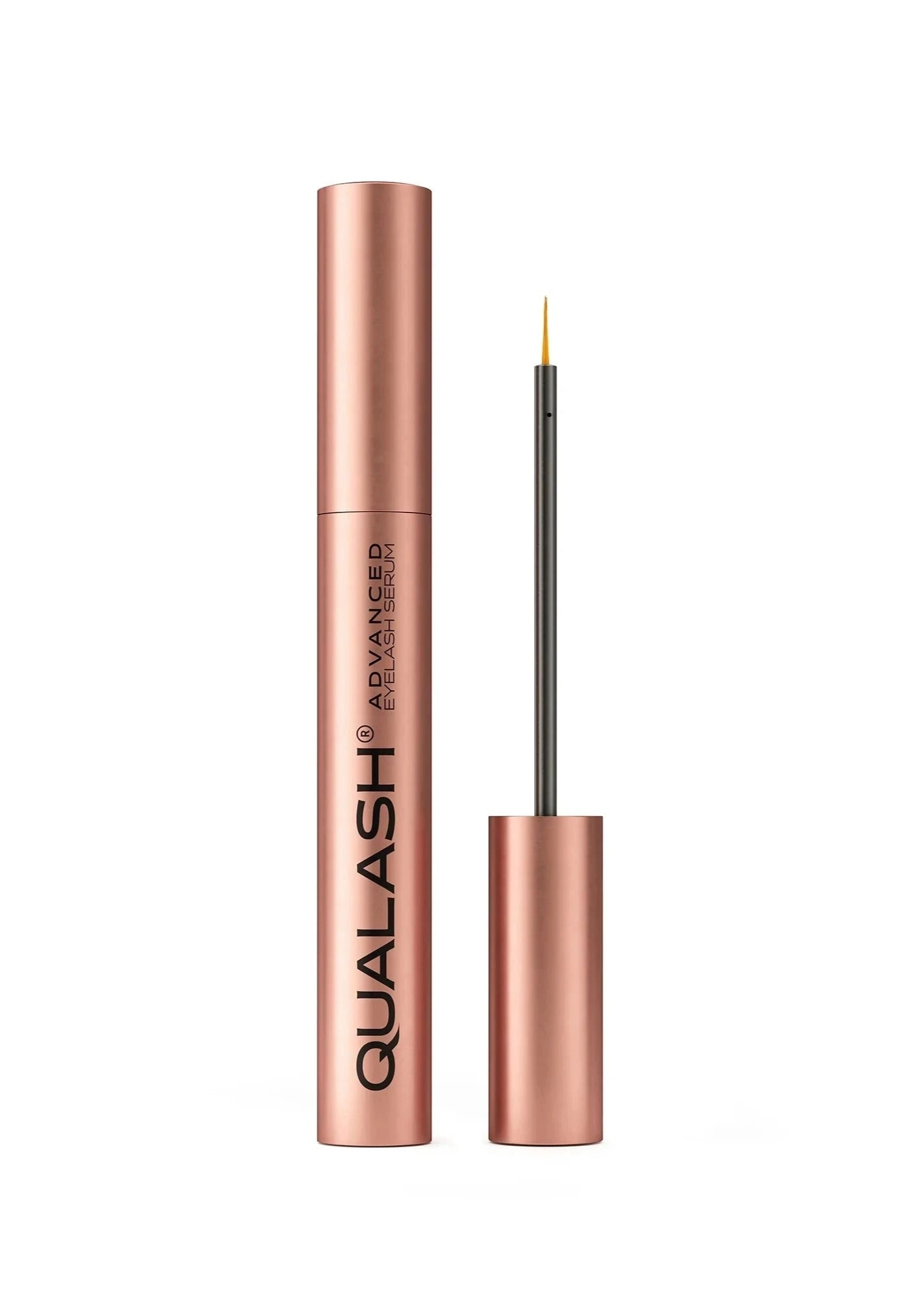 QUALASH Advanced Eyelash Serum with open applicator on a white background