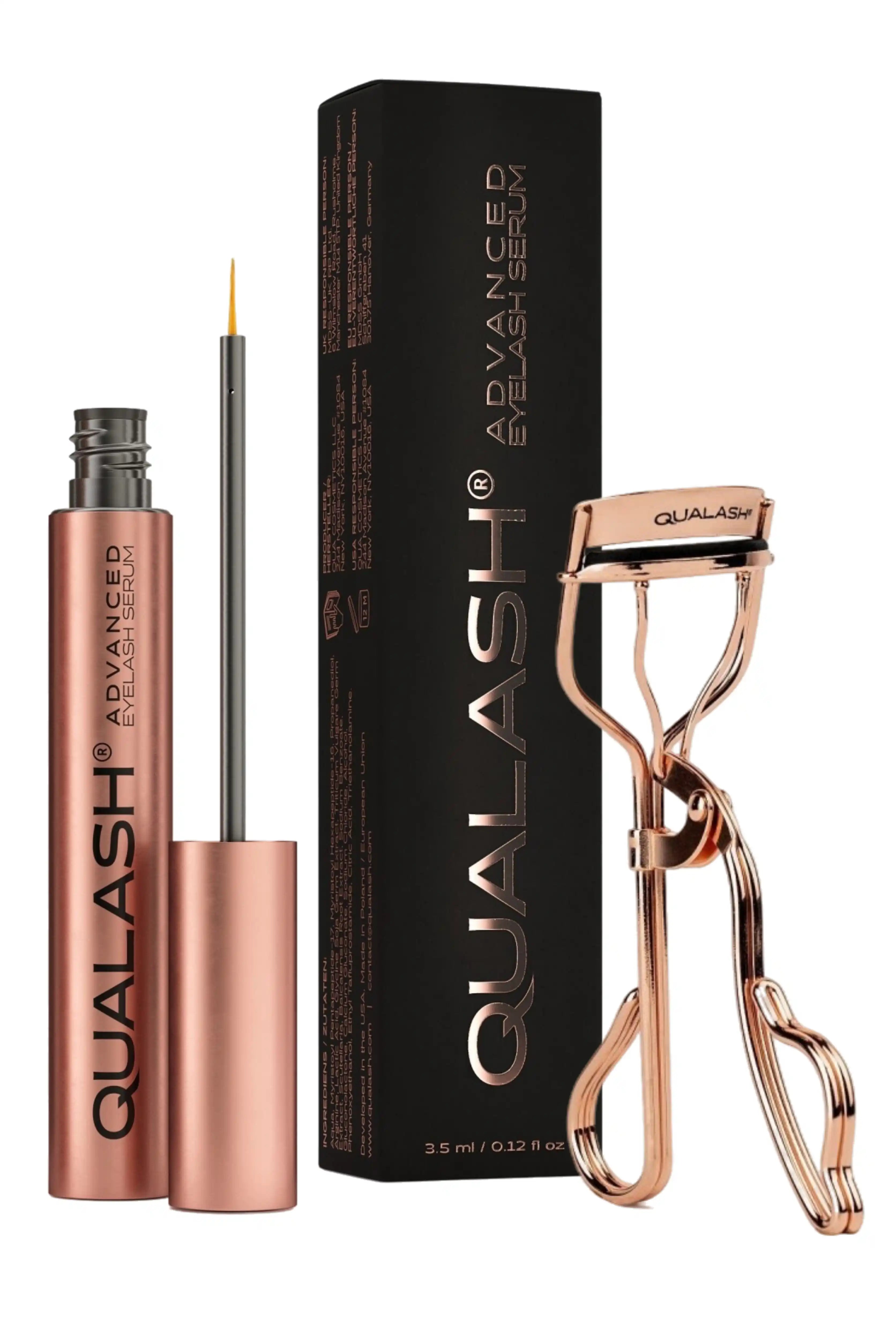 QUALASH® Advanced Eyelash Serum with rose gold eyelash curler and box – product set