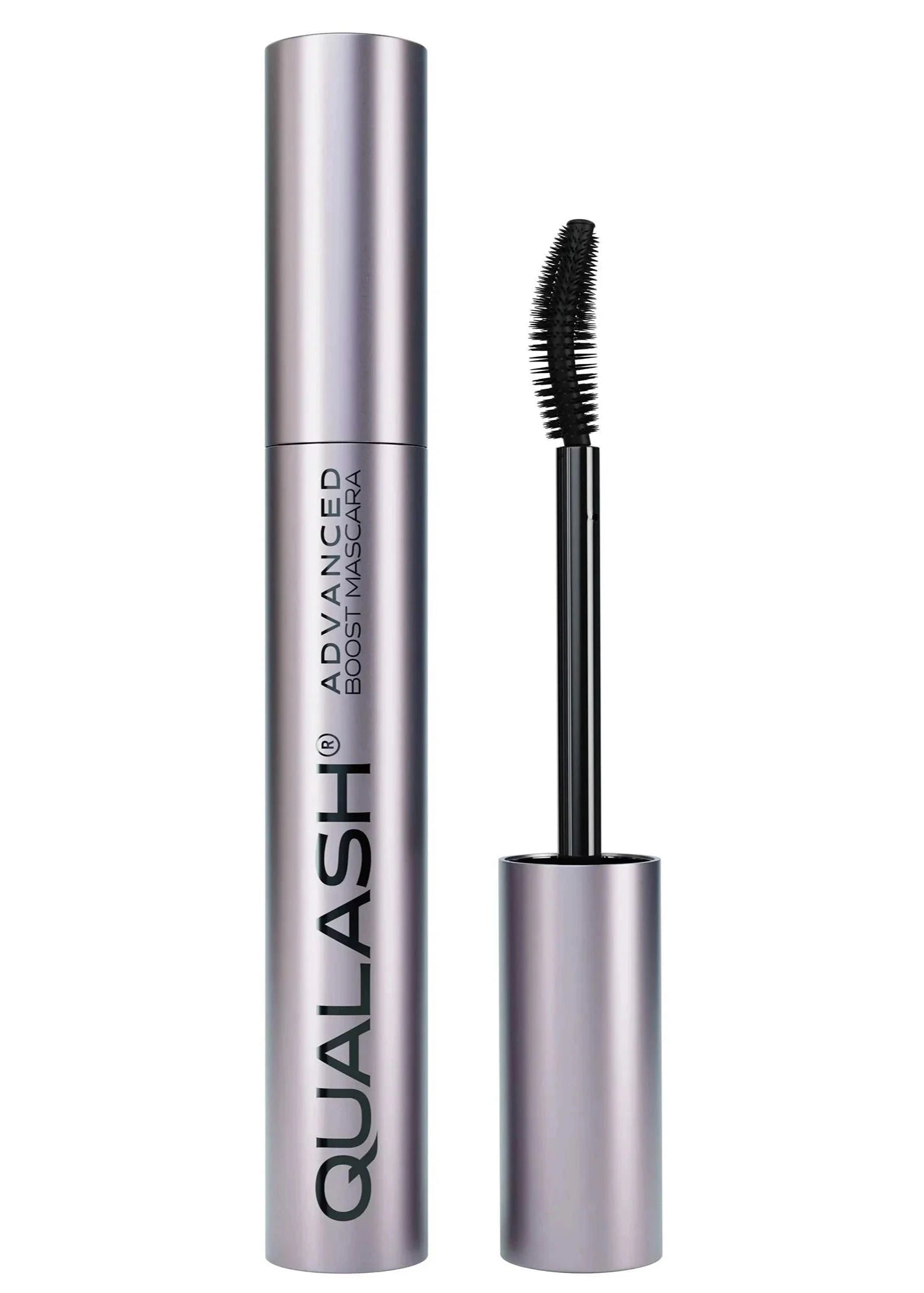 QUALASH Advanced Mascara Curl & Lift 10 ml with visible curved silicone brush on white background