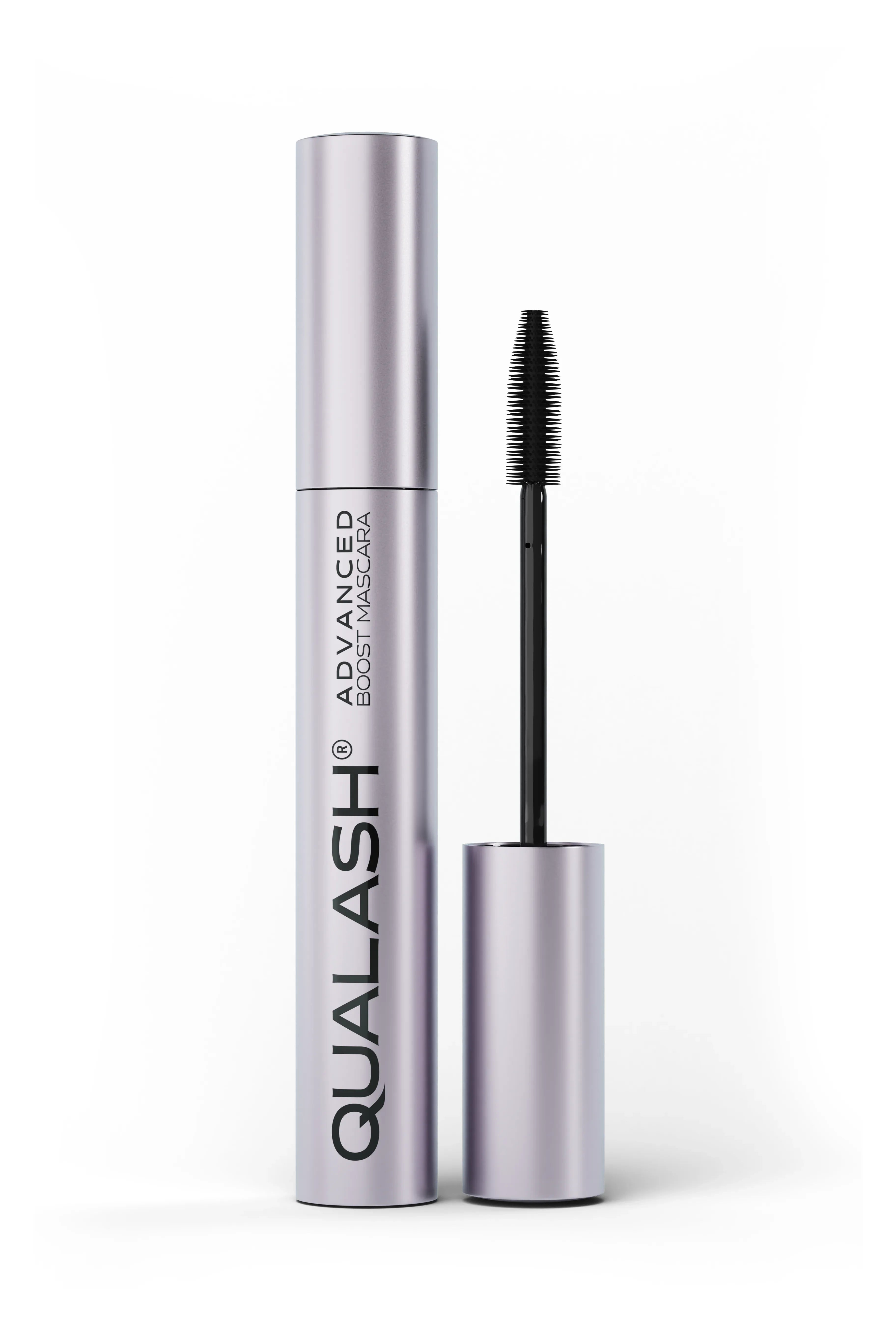 QUALASH Advanced Mascara Volume Max 10ml – close-up of open tube with precision applicator brush