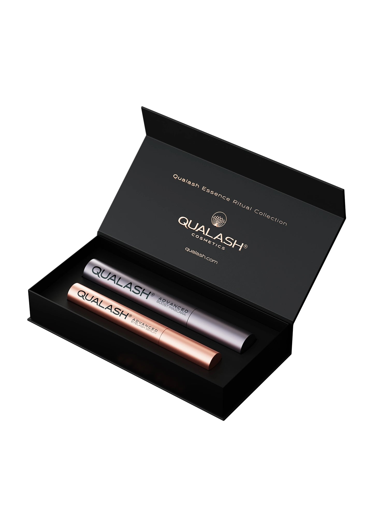 Open black gift box with QUALASH Lash Serum & Peptide Mascara Set displayed inside – front view