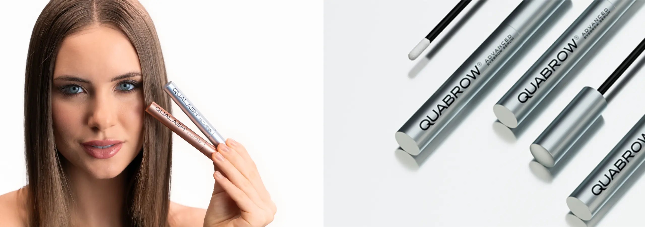 Silver cylindrical tubes of quilason hair care product, arranged in a diagonal line.