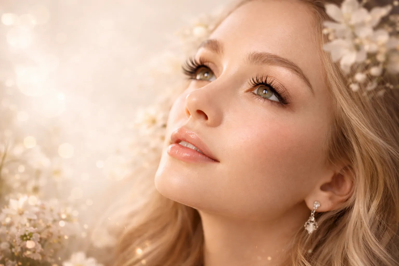 Elegant beauty editorial portrait showing long natural eyelashes, glowing skin and soft light, inspired by natural lash care