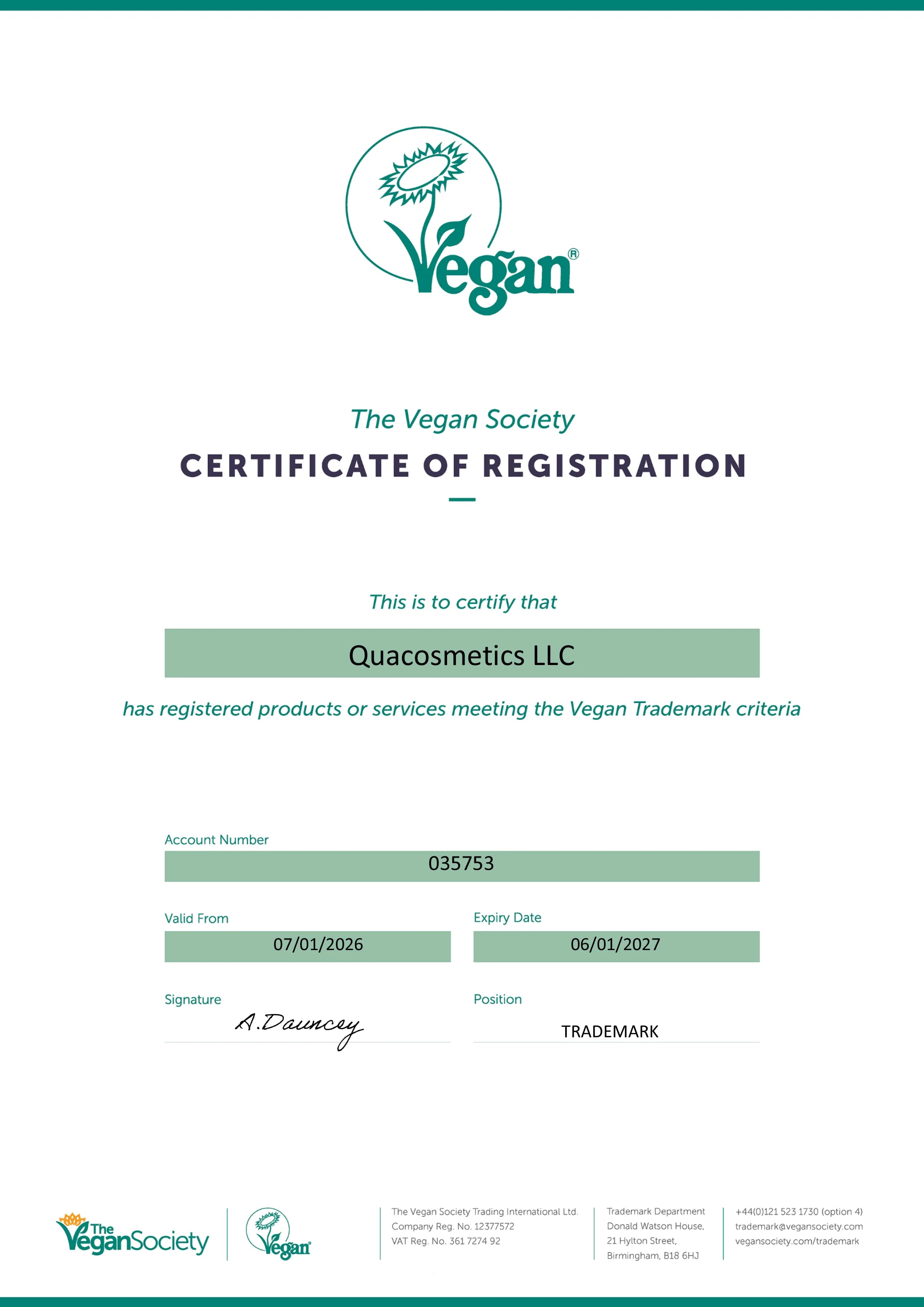 Certificate of Registration Vegan 2026 - 2027