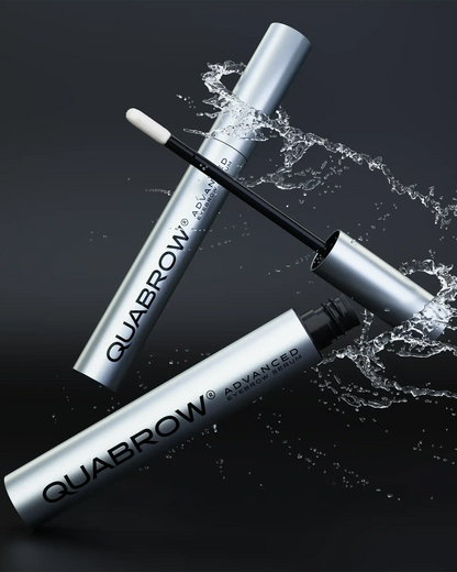 QUABROW Eyebrow Serum DUO SET shown with dynamic water splash effect on a black background