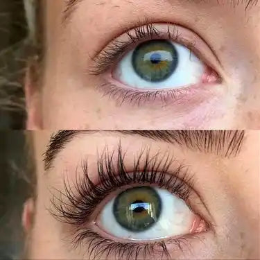 Dramatic eyelash growth before and after using QUALASH serum on green eyes