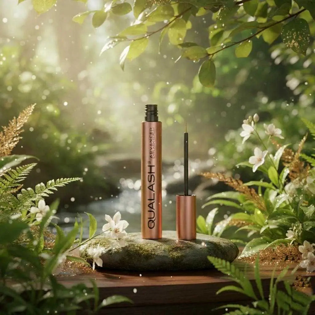 Qualash Advanced Eyelash Serum displayed in a natural forest setting, symbolizing purity and botanical ingredients.