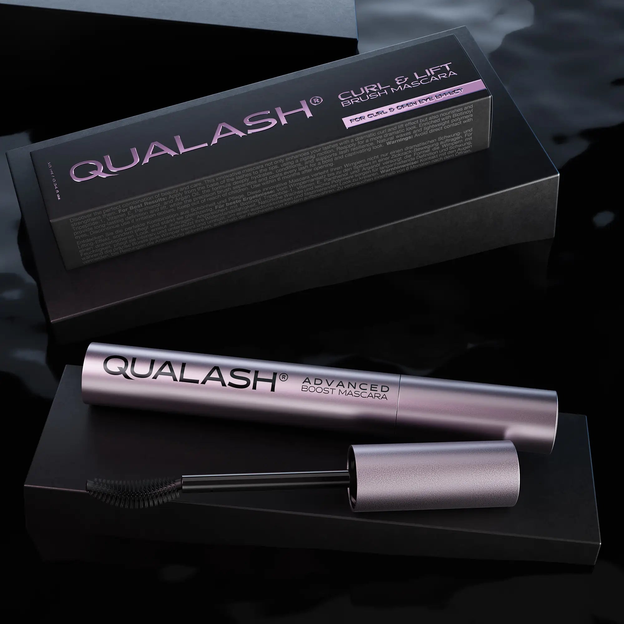 QUALASH Curl &amp; Lift Mascara with curved brush and retail box in black setting