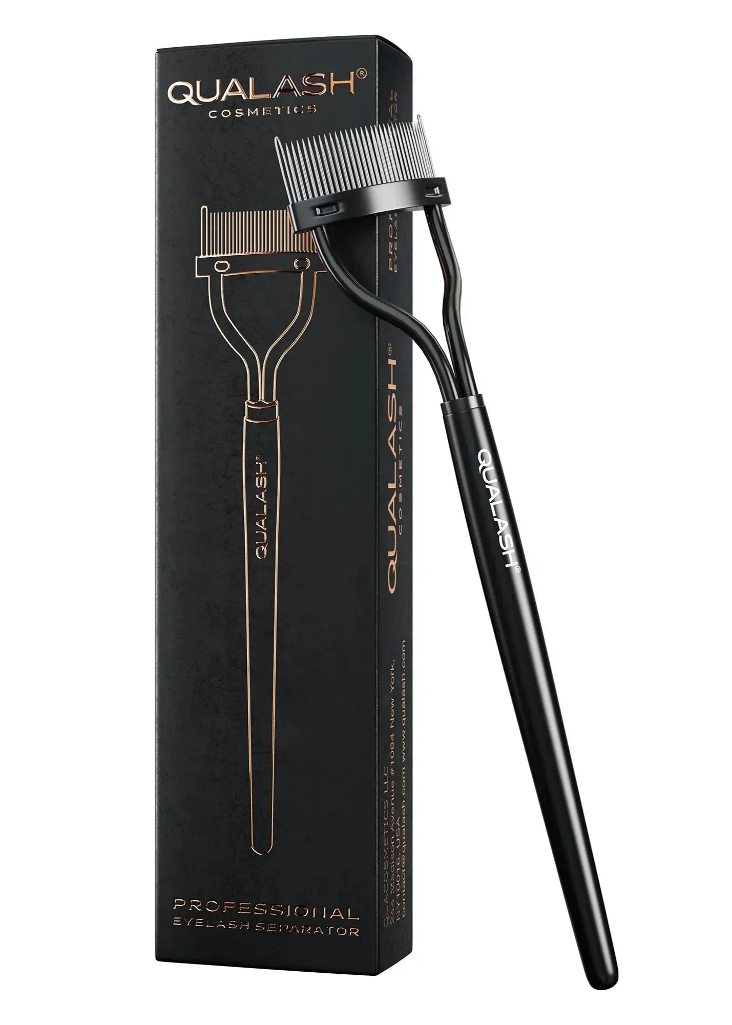 QUALASH Eyelash Separator – product angled with box for premium presentation