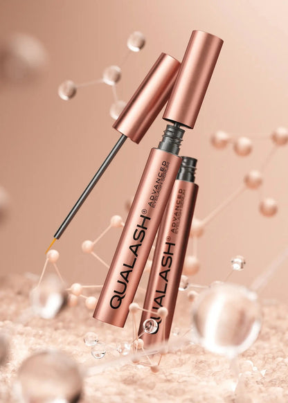 QUALASH Advanced Eyelash Serum in rose gold packaging with abstract molecular shapes in the background