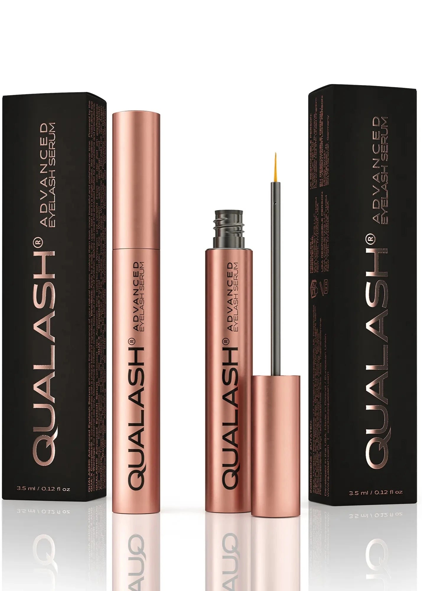 Product packshot of QUALASH® Eyelash Serum DUO SET with opened bottles and boxes