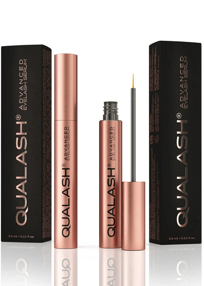Product packshot of QUALASH® Eyelash Serum DUO SET with opened bottles and boxes