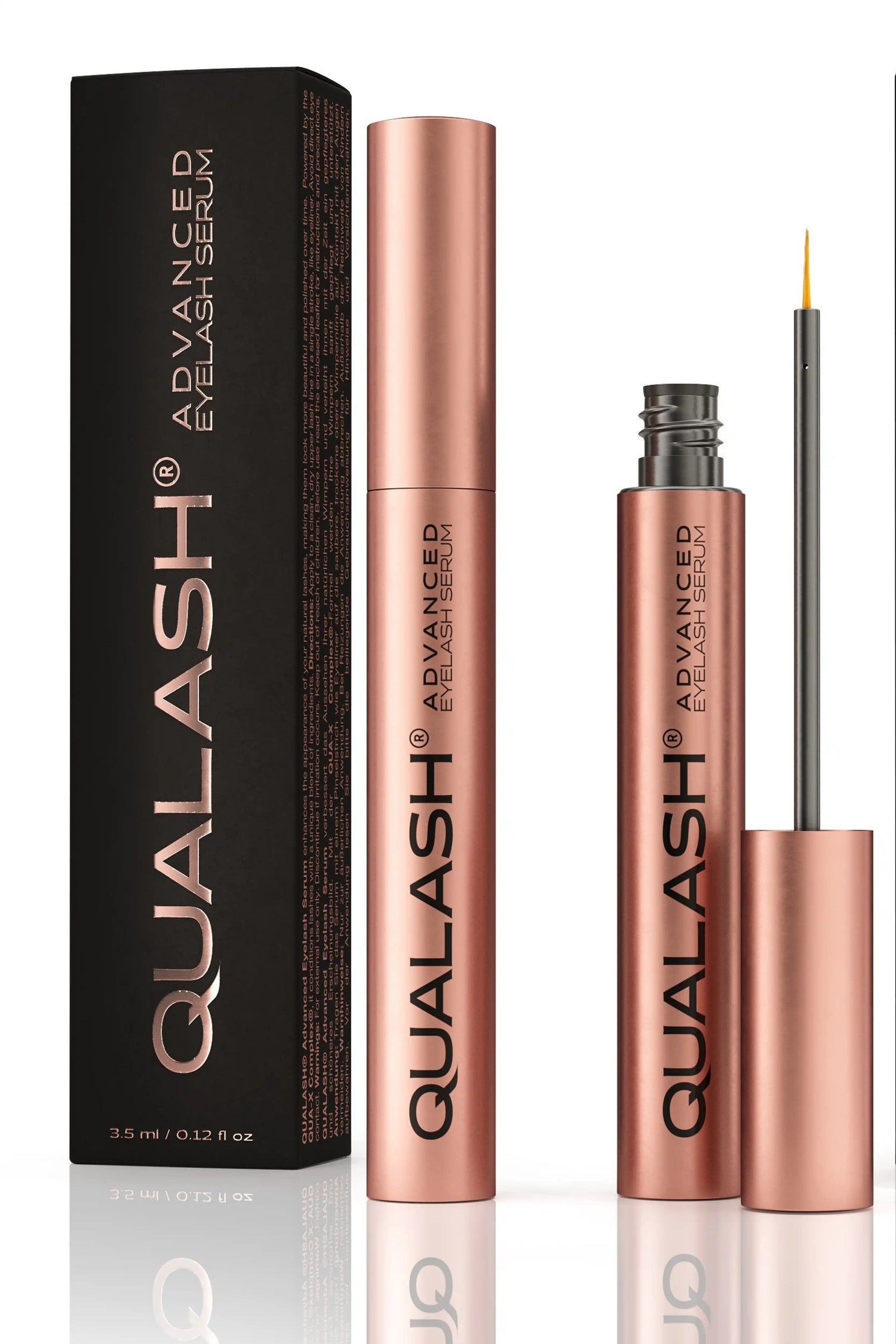 Open packaging of QUALASH DUO SET – two serums with box and applicator visible