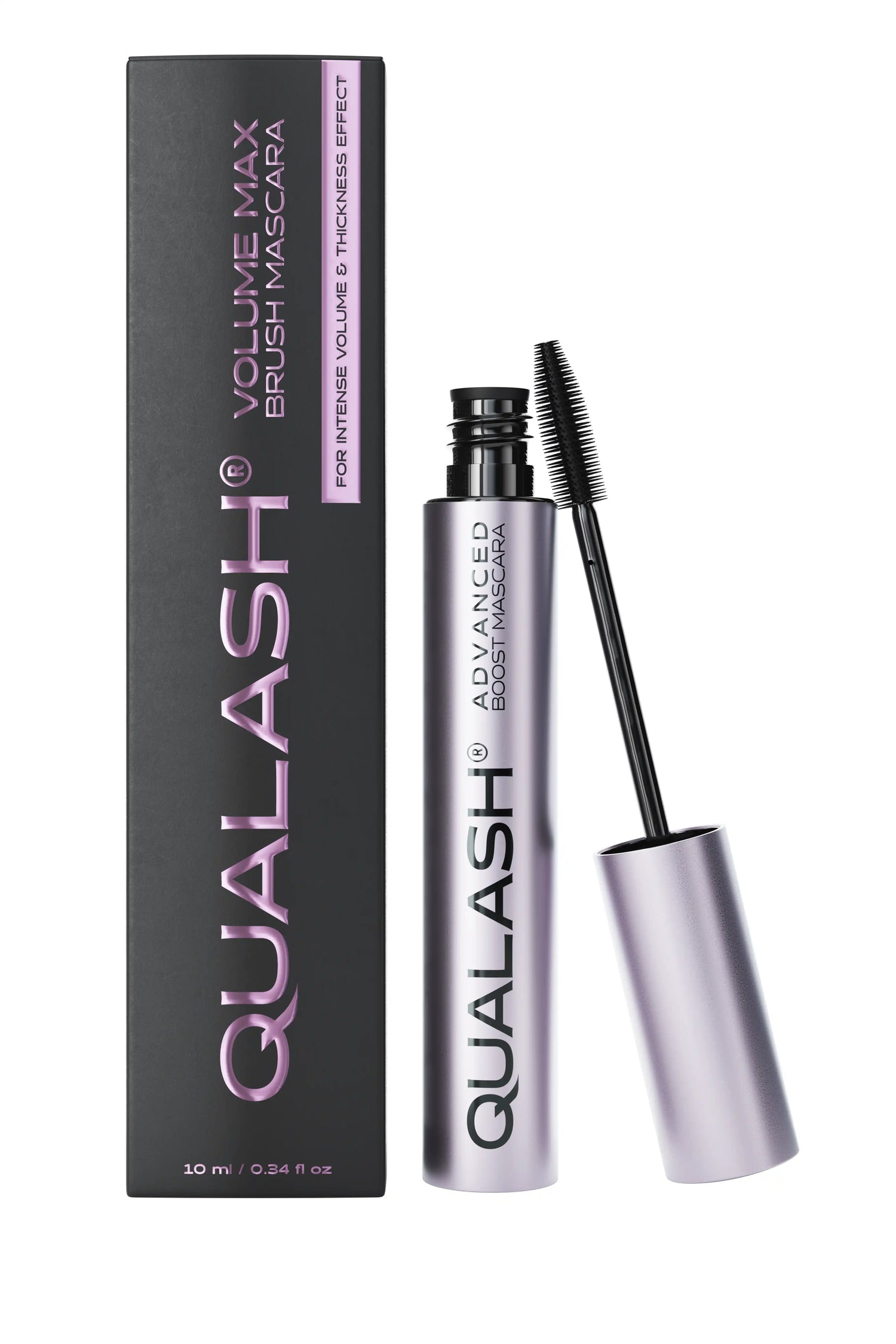 Open QUALASH® Advanced Mascara Volume Max 10 ml with product box and visible curved brush