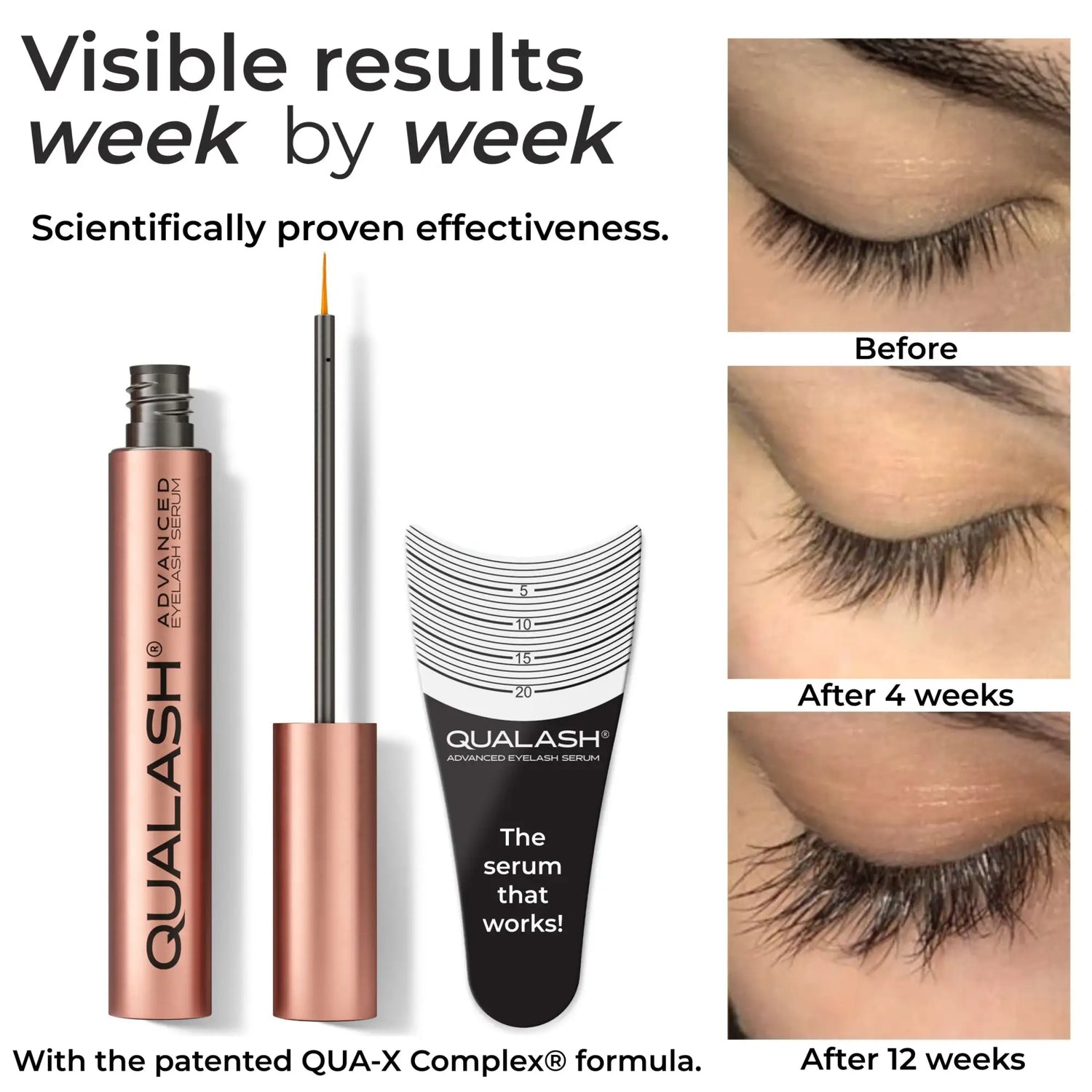 Rose gold cylindrical tube of qualash advanced eyelash serum with a matching cap and fine applicator wand.